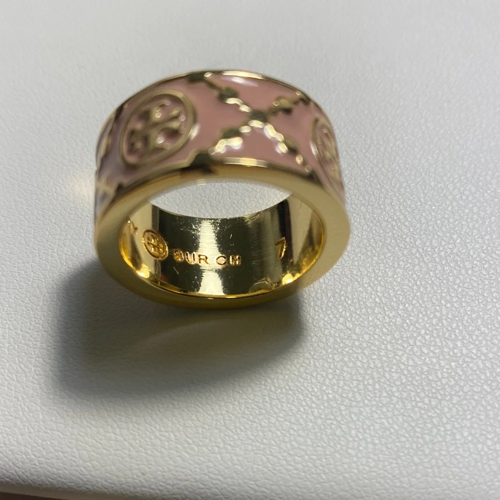 Tory Burch Baby Pink and Gold Band Kira Ring